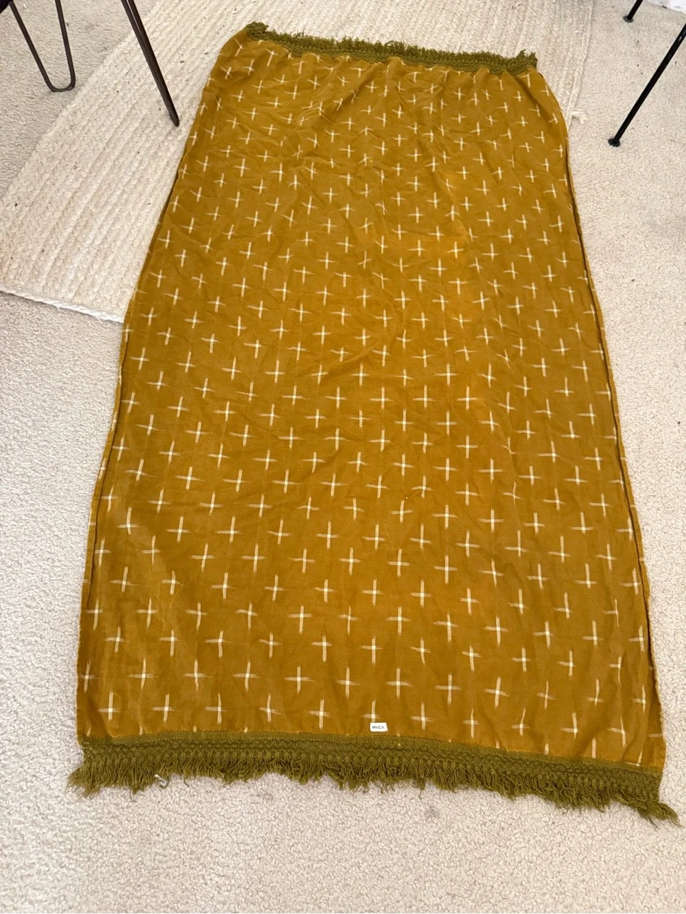 RVCA Mustard Fringe flannel wrap scarf coverup  with Cross Print